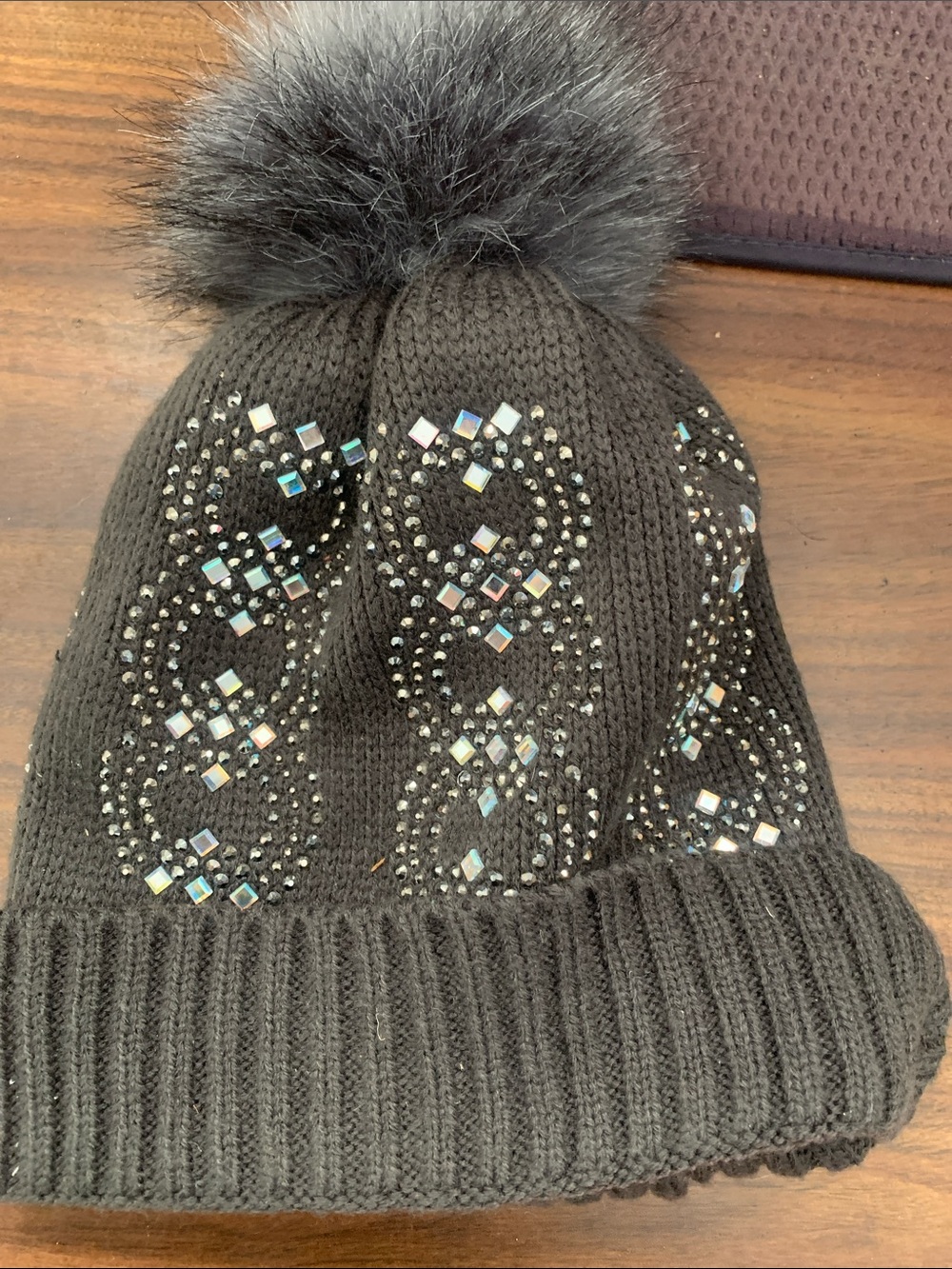 Black Knit Beanie with Crystal Accents and Faux-Fur Pom